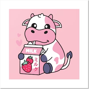 Strawberry Milk Milkshake Cow Posters and Art